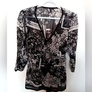 Milano Women's Black & White Floral Peplum Blouse with Faux Belt Small